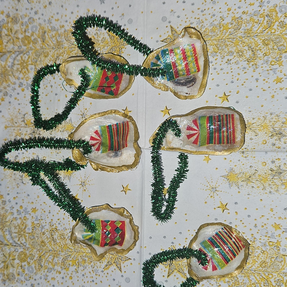 Festive Handmade Oyster Shell Ornaments/Gift Tags . QTY 6